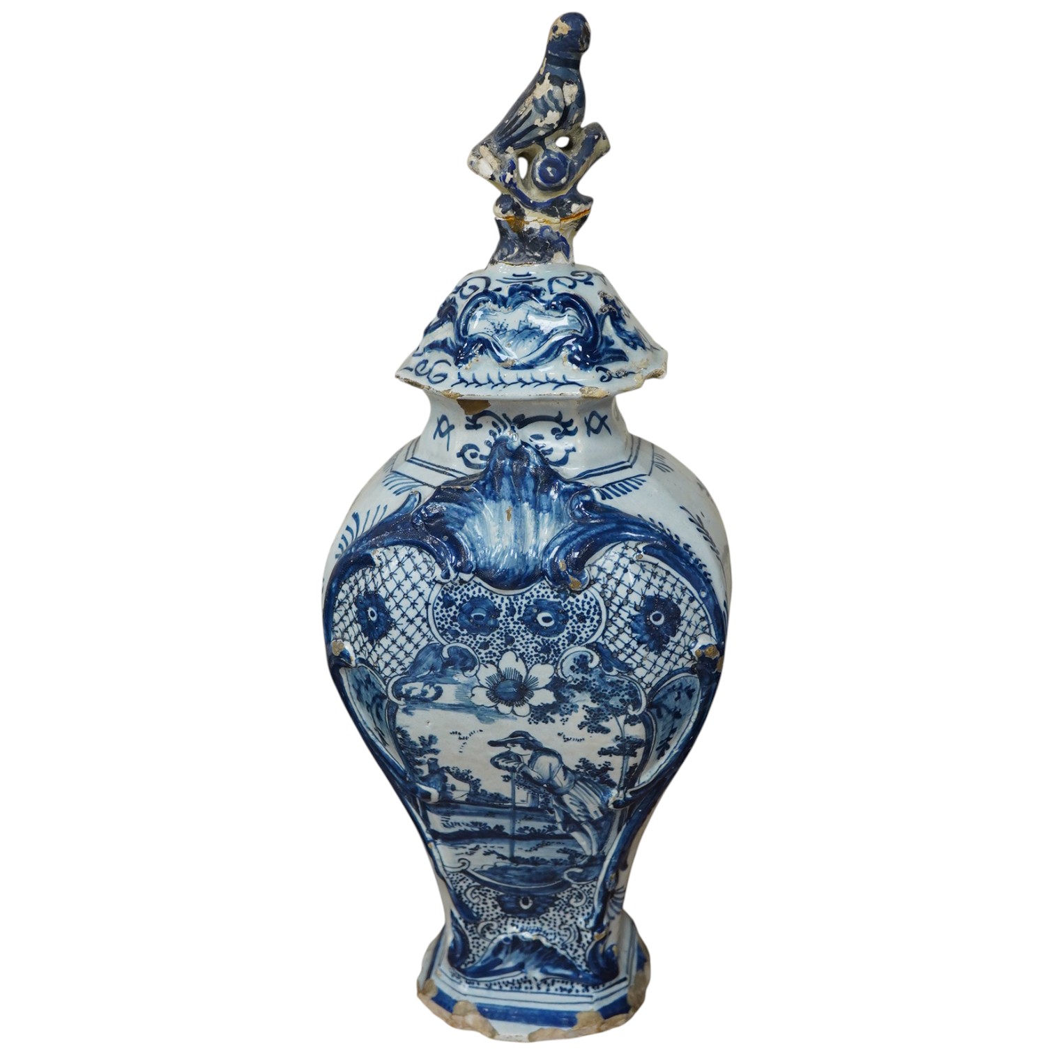 An 18th century Delft vase and cover, 40cm